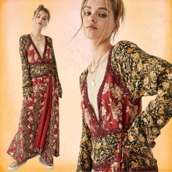 Free People Tilda Maxi Wrap Dress Neutral Small Western Bohemian Fall Witchy NWT - Picture 2 of 15